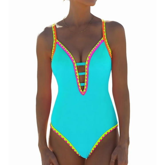 Women Swimsuit Tummy Control Deep V Neck Neon Cute Bathing Suit Back Tie Swim Suits 2025 Summer Blue M