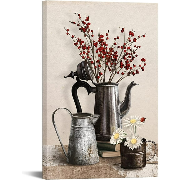 Large Rustic Flower Canvas Wall Art Vintage Country Farmhouse Bottle Daisy Floral Painting Artwork for Kitchen Bathroom Bedroom Home Decor Ready to Hang 12x18inch