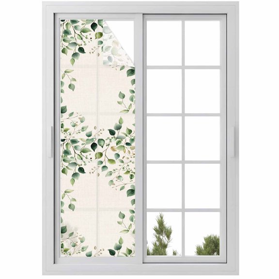 Green Eucalyptus Leaf Window Privacy Film Country Watercolor Plant Decorative Glass Window Film UV Blocking Static Cling Non-Adhesive Sticker Covering for Home Door 23.6 x 78.7 inches