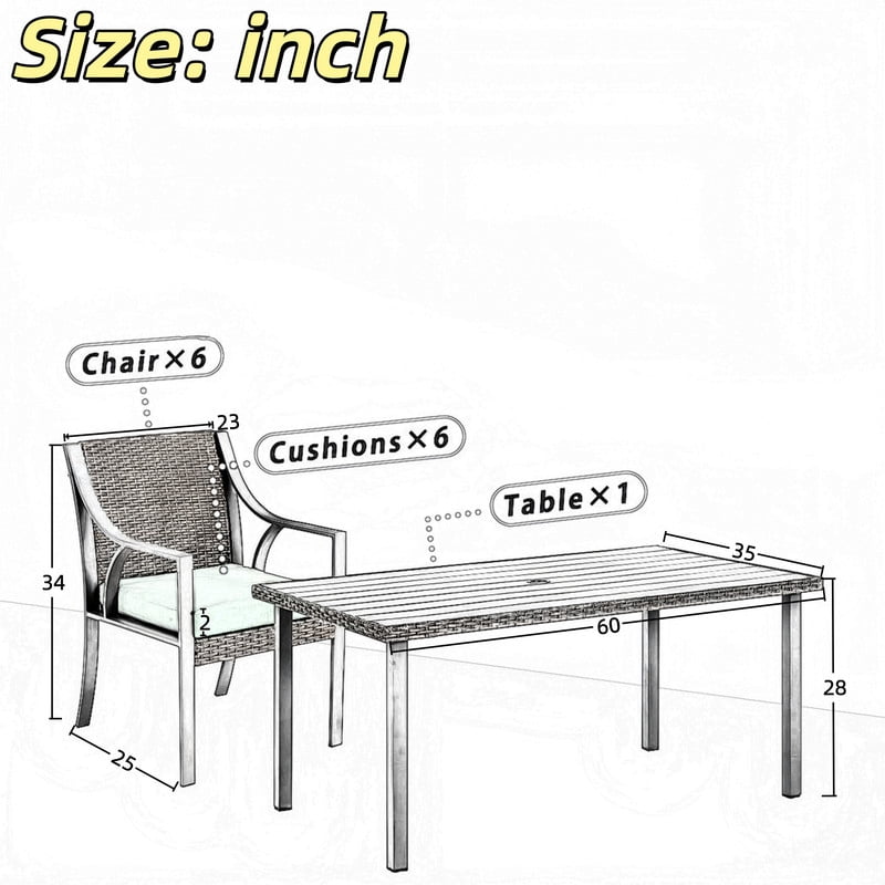 7-Piece Patio Dining Set for 6, Outdoor All-Weather Rattan Dining Table & 6 Chairs Chat Sets, Green