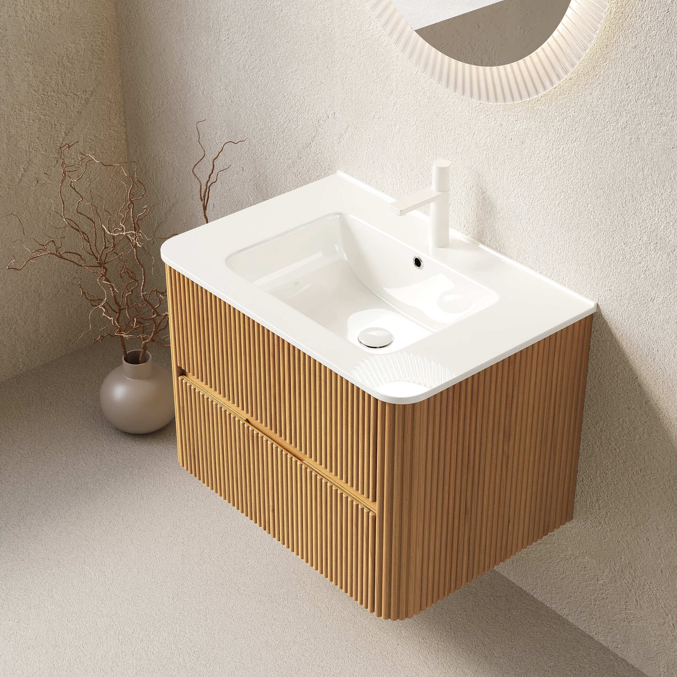 Noble House Noor 30" Floating Bathroom Vanity with Seamless Ceramic Basin, Retro Soft-Close Drawers, Oak