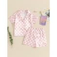 thumbnail image 3 of Toddler Boys Girls Summer 2PCS Pajama Sets Lapel Checkerboard Print Short Sleeve Lapel Shirt Top Elastic Shorts Kids Sleepwear Summer Outfits, 3 of 9