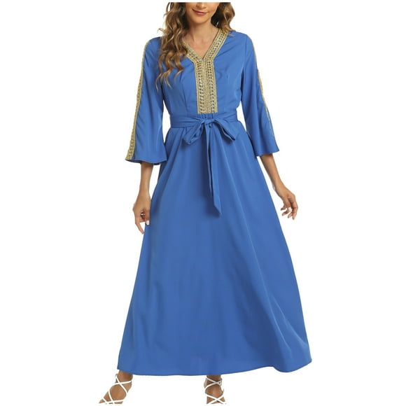Drses Abaya Dress for Women V Neck Dubai Saudi Fancy Moroccan Solid Color Dresses 3/4 Sleeve Waist Formal Elegant Long Dress