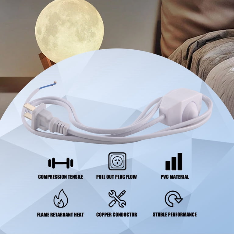 White Lamp Power Cord With Dimmer Switch – AC 110V/250V, US Plug, 5.9 Feet (1.8m) – For Table Lamps, Floor Lamps, Wall Lights – Max 100W – 2-Pin Flat Plug