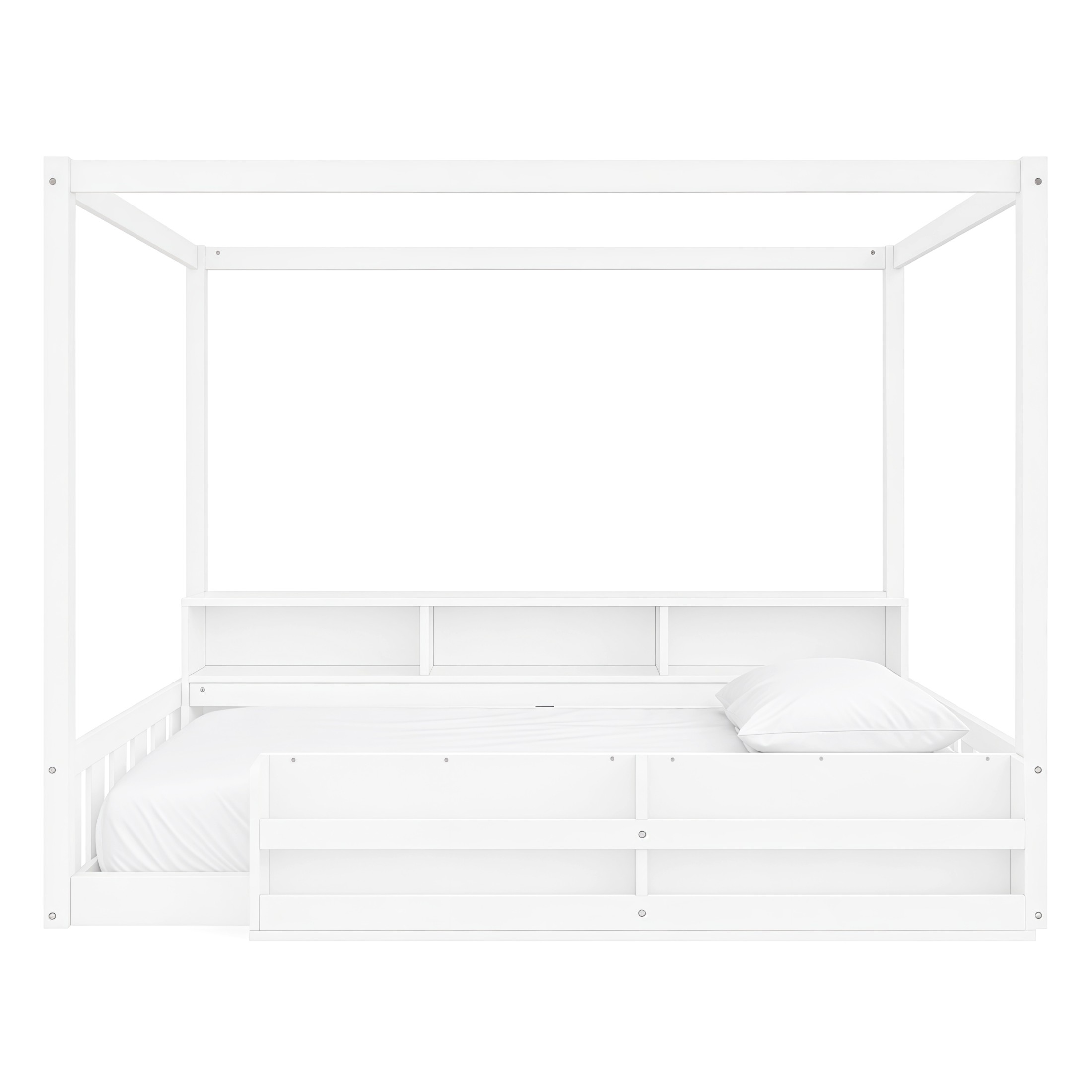 GDF Studio Misol Twin Size Montessori Canopy Floor Bed with Storage & Guardrails, Pine Wood Kids Bed Frame, White