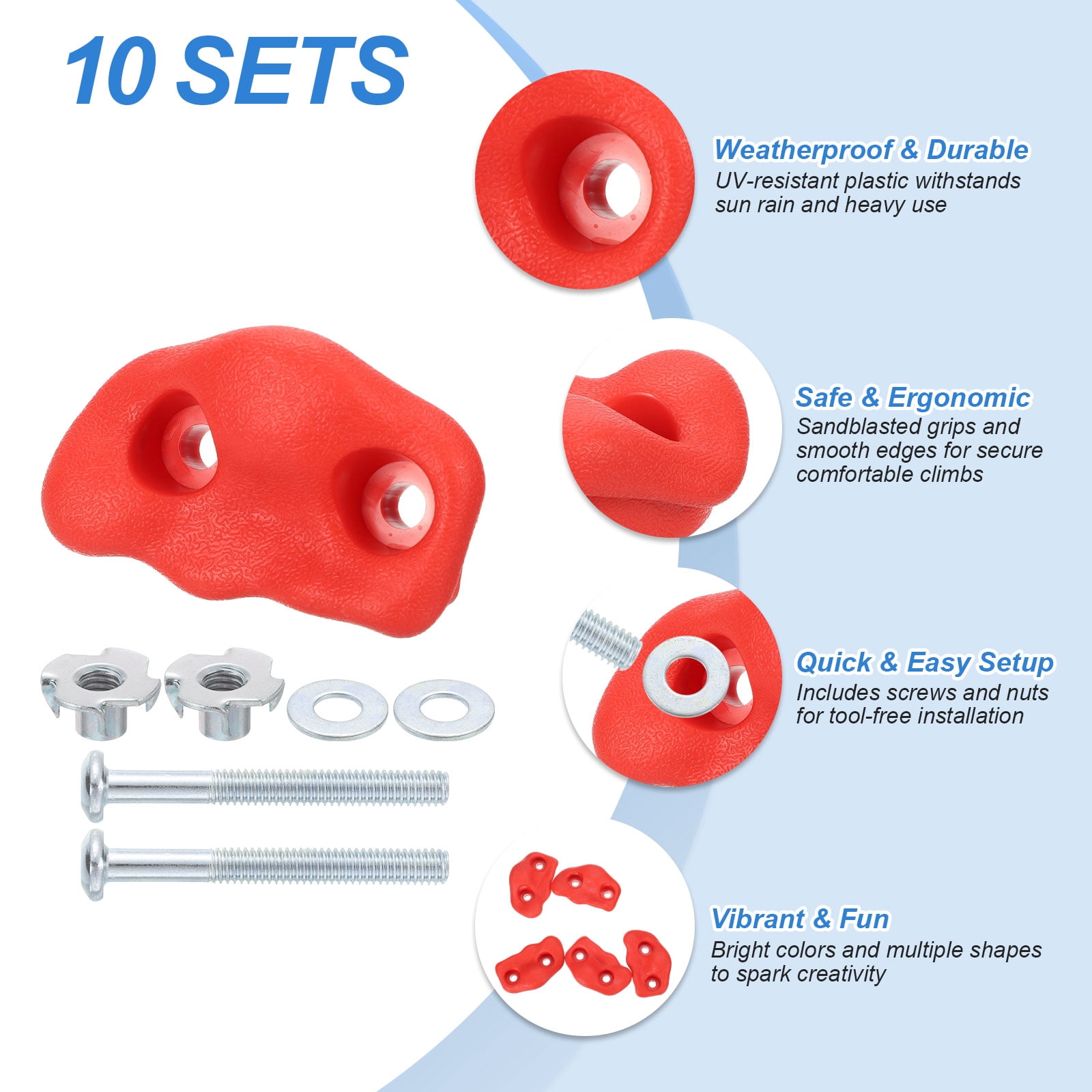 Rock Climbing Holds, 10 Pcs Small Climbing Rock Wall Grips with Double Hole for Playground Accessory, Red-C