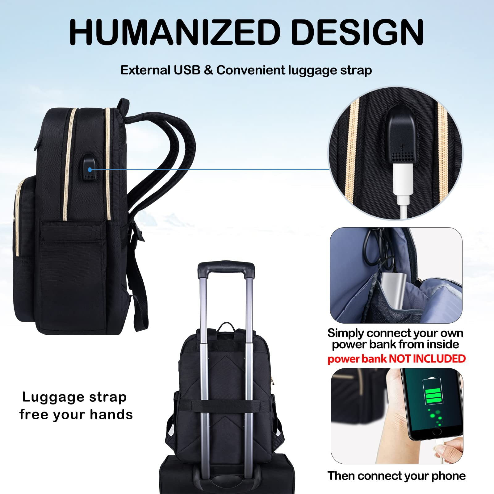 GlneYos Women Laptop Backpack,17.3inch Travel Work Laptop Bag with USB Port Waterproof Fashion Backpacks Nurse Stylish Casual Daypacks for College, Business, Black
