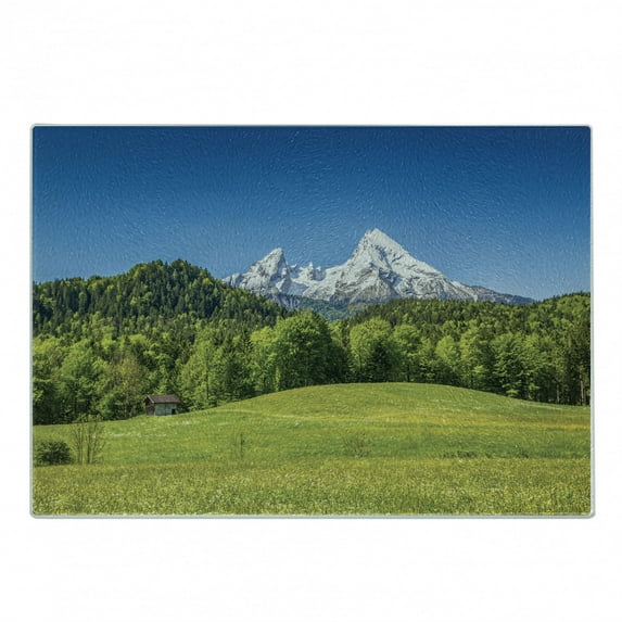 Germany Cutting Board, Bavarian Alps Village of Berchtesgaden and Watzmann Germany, Decorative Tempered Glass Cutting and Serving Board, Small Size, Forest Green Fern Green, by Ambesonne