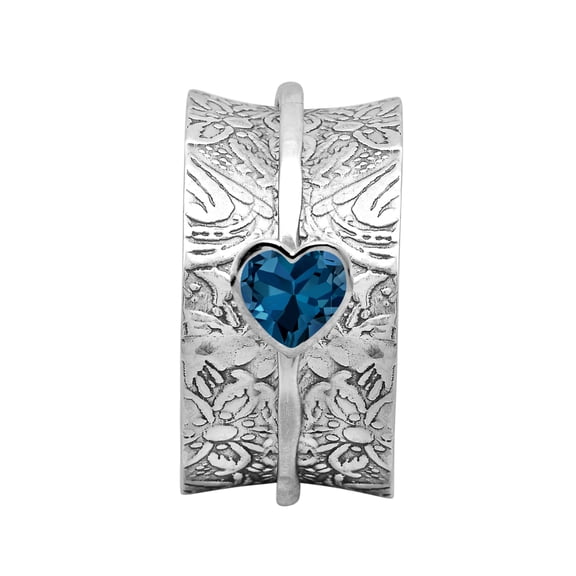 5MM Heart London Blue Topaz 925 Silver Single Band Meditation Men Women Spinner Ring