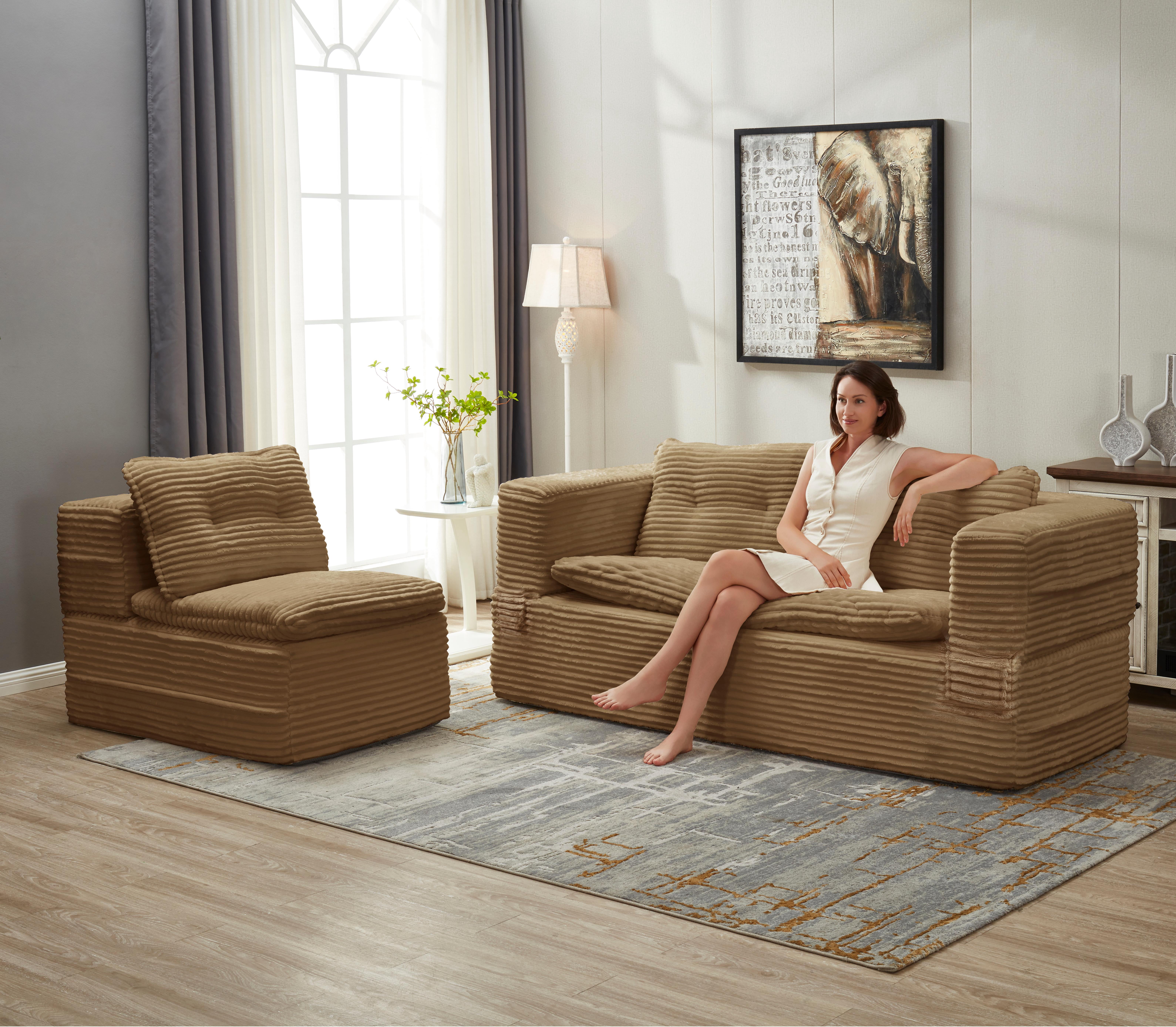 Anpport 80" King Size Convertible Sectional Sofa Bed, Plush Corduroy Deep Seat Couch with Chaise Lounge and Blanket, for Living Room Apartment, Camel