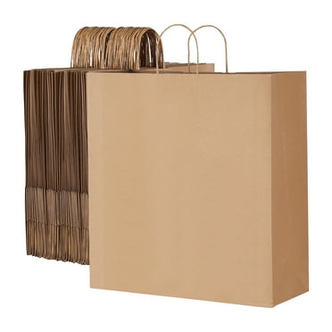 KFFKFF 100 pack Large Kraft Paper Bags with Handles, 18 x 7 x 19 in, Durable Recycled Grocery Bags, Gift Bags, Reusable Take-Out Sacks, Plain Bulk Party Bags for Event, Business, Brown