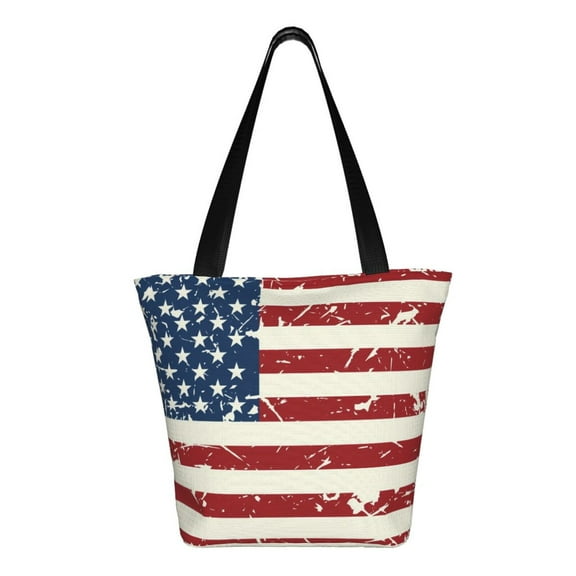 Uemuo Vintage American Flag Print Tote Bags for Women,Large Capacity Corduroy Bag,Reusable Grocery Shoulder Bag,Beach Tote with Zipper Closure, Daily Essentials
