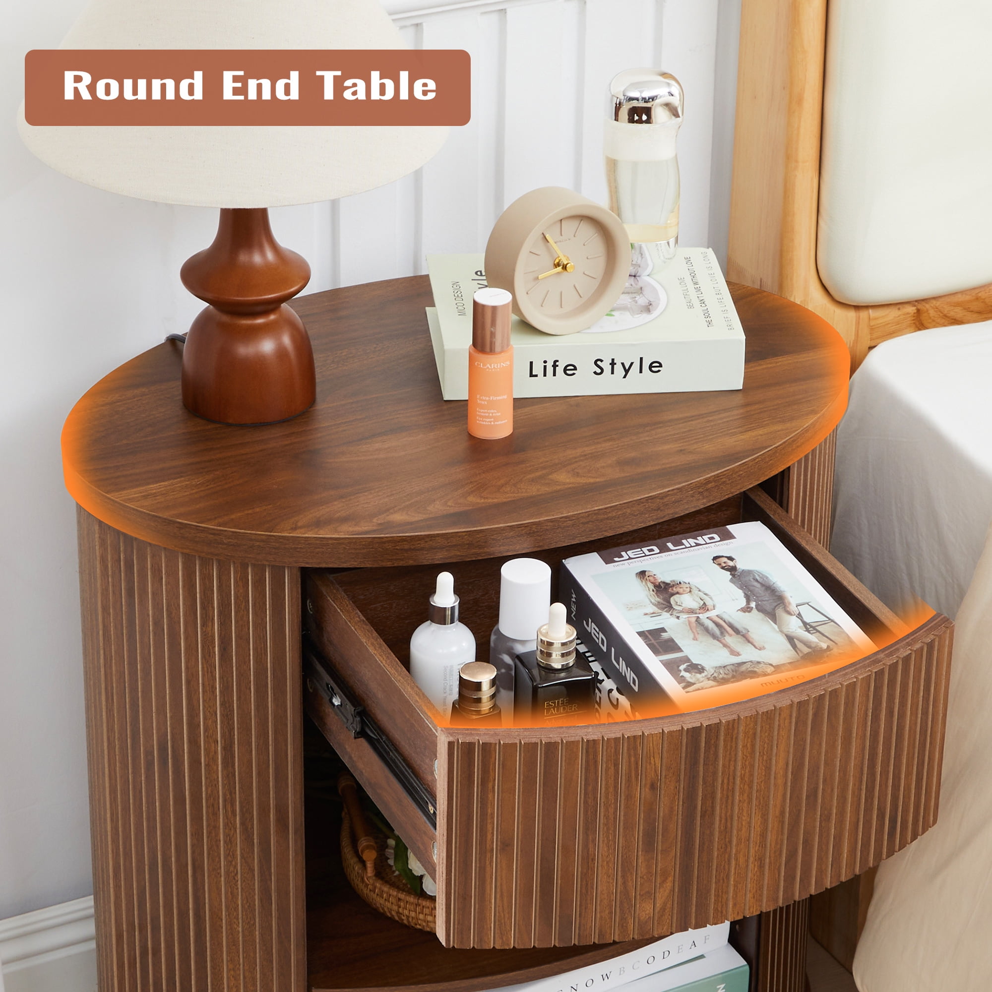 YOCWO Oval Nightstand with 1 Drawer and Adjustable Shelf for Bedroom with Carved Line Design, Round End tables for Living Room, Walnut