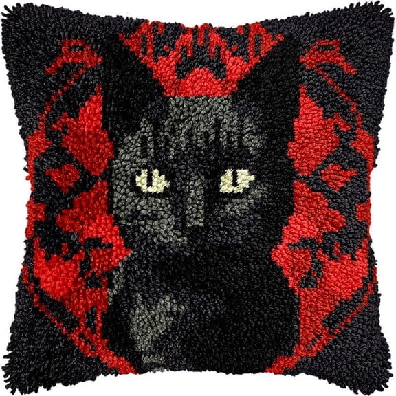 Black Cat Latch Hook Pillow Kits for DIY Handmade Throw Pillow Cushion Cross Stitch Latch Hooking Pillowcase Kits with Preprinted Canvas Crochet Yarn 17''X 17''(Y74)