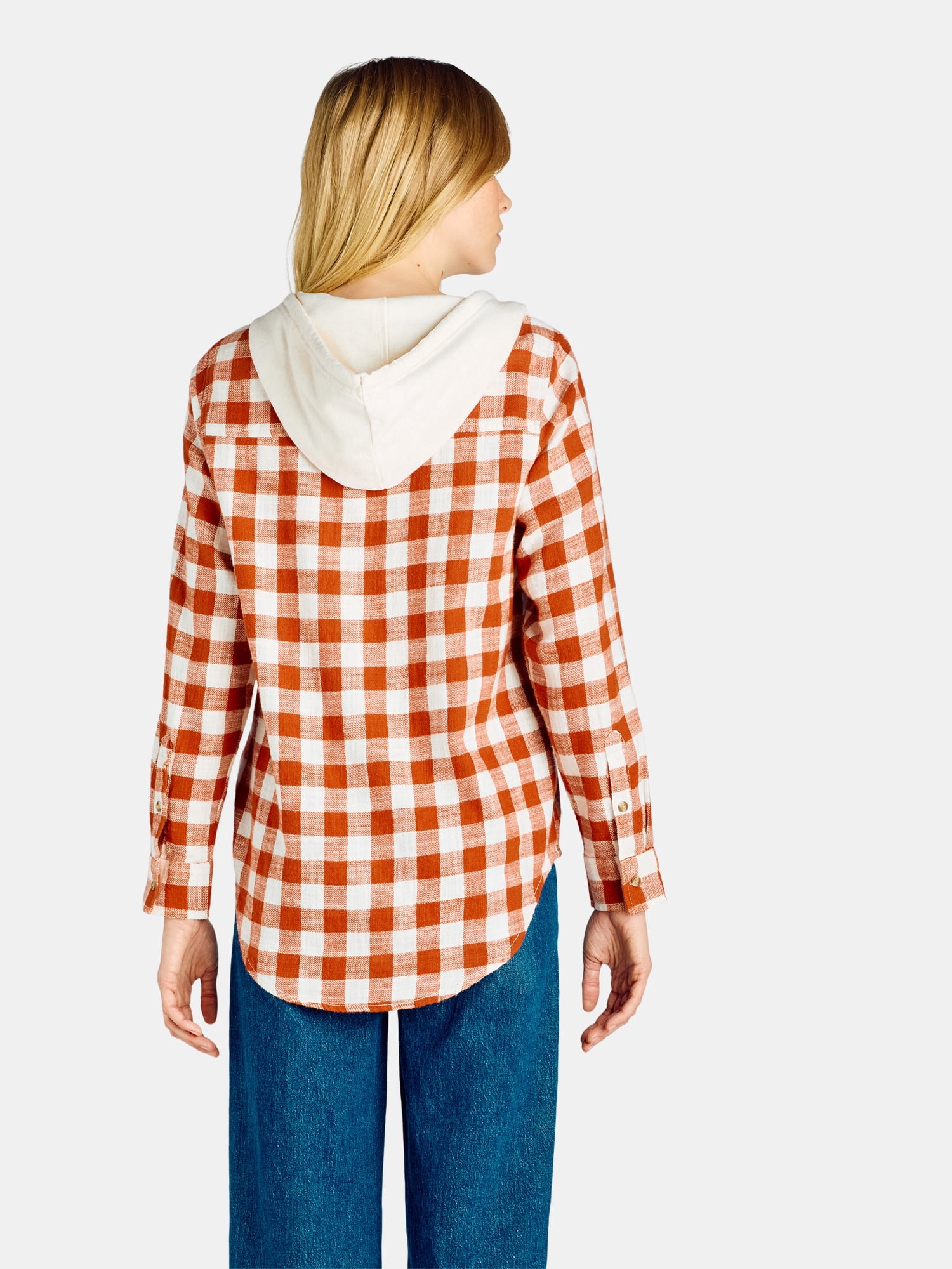Time and Tru Women's Hooded Flannel Button Down Shirt with Long Sleeves, Sizes XS-XXXL