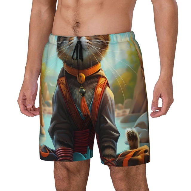 Kdxio Riverside Meditating Cat Print Mens Swim Shorts with Mesh Lining, Breathable and Quick-Drying, Adjustable Waist, Privacy Pocket-XX-Large