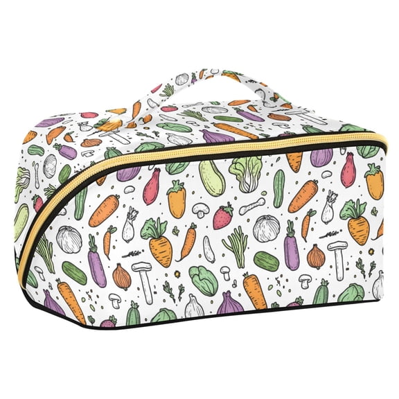 FORMRS Makeup Bag Travel Cosmetic Organizer for Women Fold Flat Zipper Pouch with Handle, Purple Vegetables Pattern