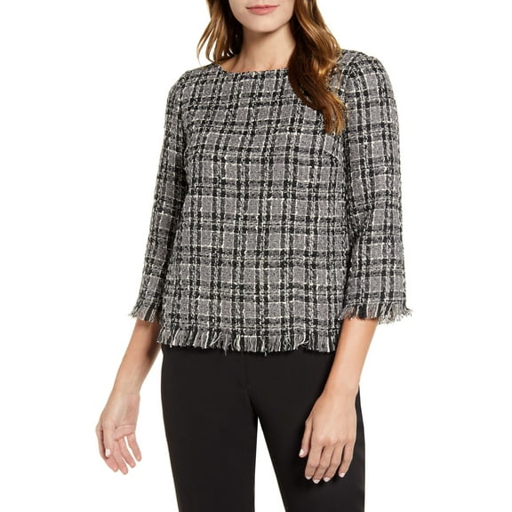 ANNE KLEIN $119 Womens New Gray Plaid Fringed Tweed 3/4 Sleeve Top L B B