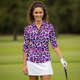 thumbnail image 4 of HUIACONG Women's Golf Polo Shirts for Sports Golf Outdoor Activities, Polyester Spandex Fabric Quick Dry Fashionable 3/4 Sleeve Ladies , Purple Leopard Stripe, 4 of 10