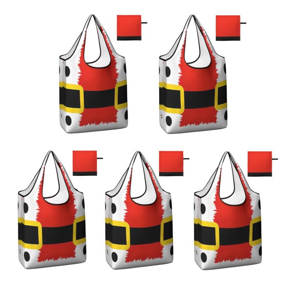 5 Pack Foldable Shopping Bag,Red Christmas Santa Costume Pattern Reusable Grocery Bags with Pockets,Large Reusable Tote Bags with Handles Waterproof & Lightweight