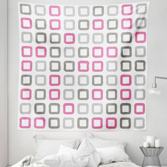 Geometric Tapestry, Square Frames in Vintage Colors Geometric Pale Toned Illustration, Fabric Wall Hanging Decor for Bedroom Living Room Dorm, 5 Sizes, Pink White Grey, by Ambesonne