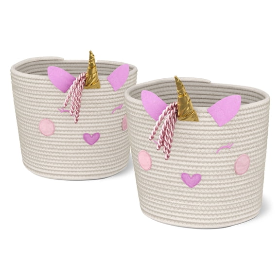 Mainstays Kids Medium Round Natural Unicorn Coiled Rope Storage Baskets, 2 Pack
