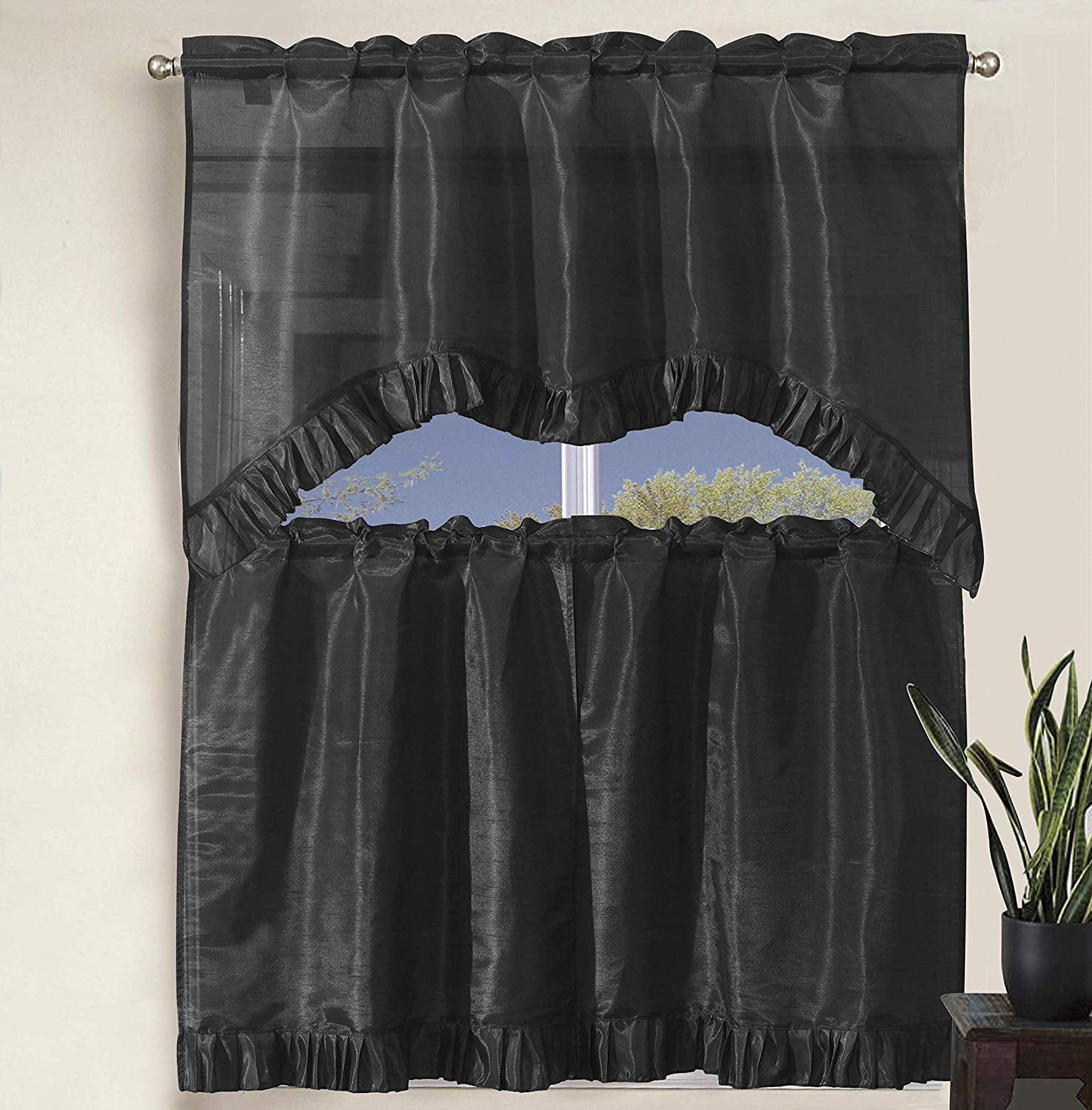 Decotex 3 Piece Pleated Ruffles Faux Silk Solid Kitchen Window