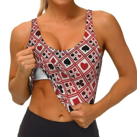 Qokaie Poker Pattern Womens Scoop Neck Sports Bra Breathable Workout Vest Padded U Back Medium Impact Fitness Gym Yoga Bra Workout Crop Top