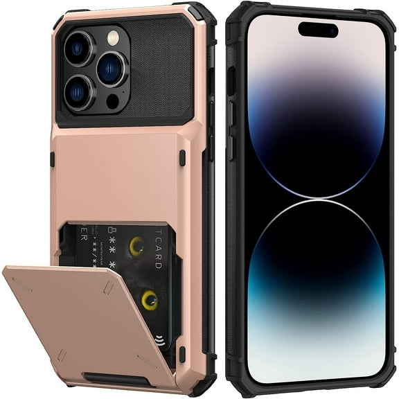 For iPhone 14 Pro Max Case with Card Holder[Store 5 Cards] Dual Layer Heavy Duty Shockproof iPhone 14 Pro Max Wallet Case with Hidden Card Slot Large Storage Case for iPhone 14 Pro Max(Rose)