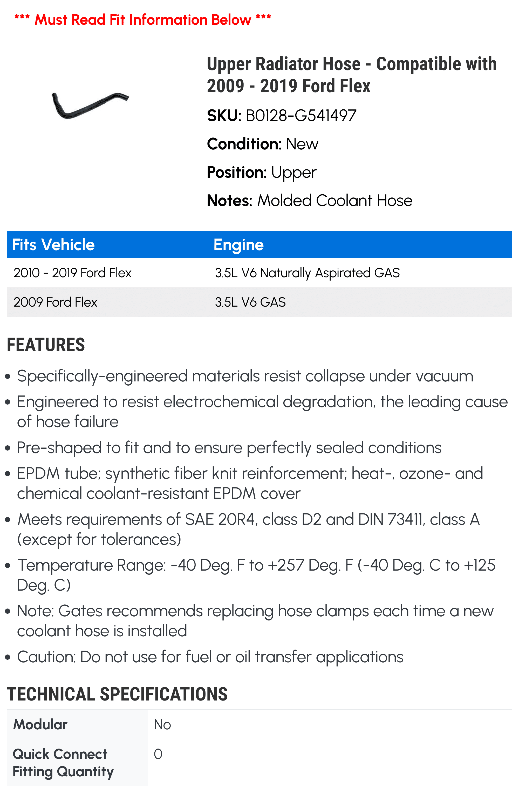 Upper Radiator Hose - Compatible with 2009 - 2019 Ford Flex - Gates
