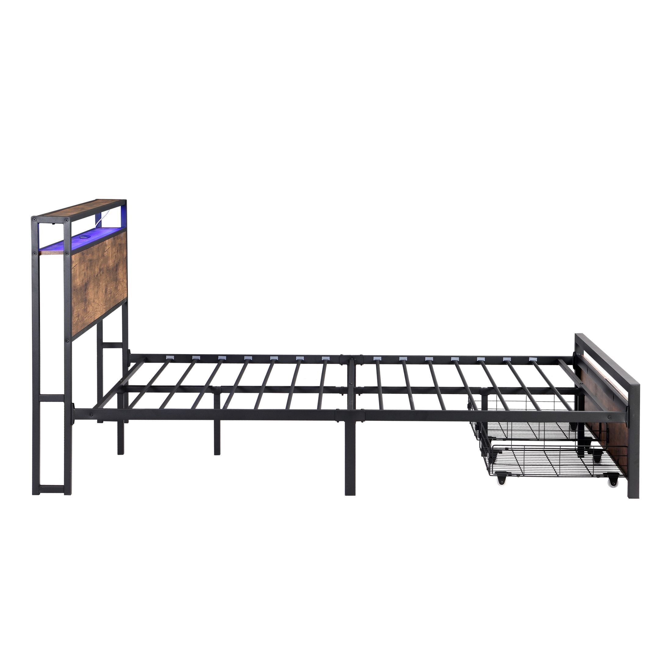 AENKYO Full Size Bed with LED Lights and Charging Station, Platform Bed Frame with Under-bed Drawers, Rustic Brown