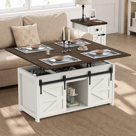 FURNIDECO Lift Top Coffee Table with Storage, 4 in 1 Multi-Function Farmhouse Wood Coffee Table with Sliding Barn Doors, Center Table for Living Room, Antique White