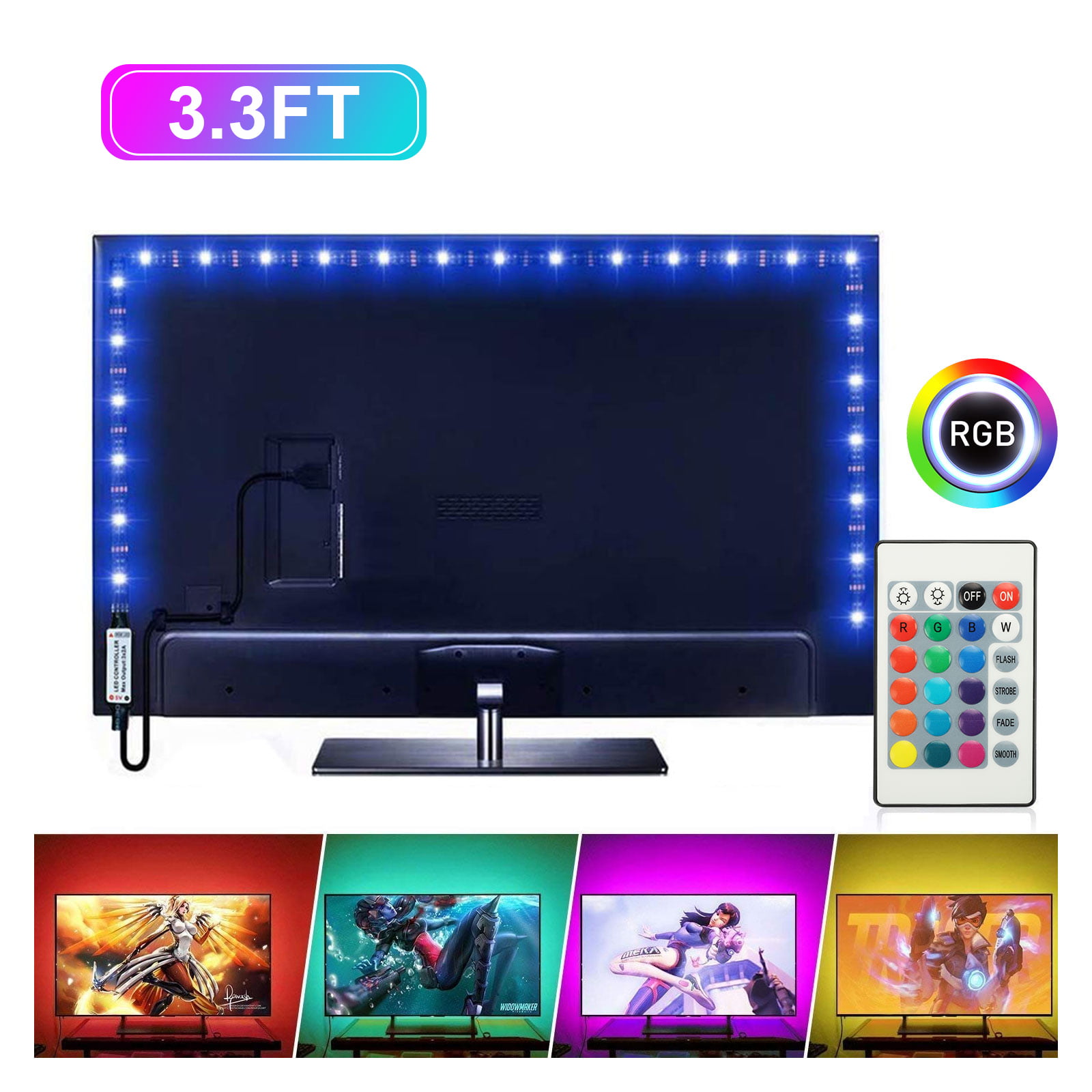 5050 RGB LED Strip Light TV Backlight Full Kit 16 Multi Colors USB 24 Key Remote 