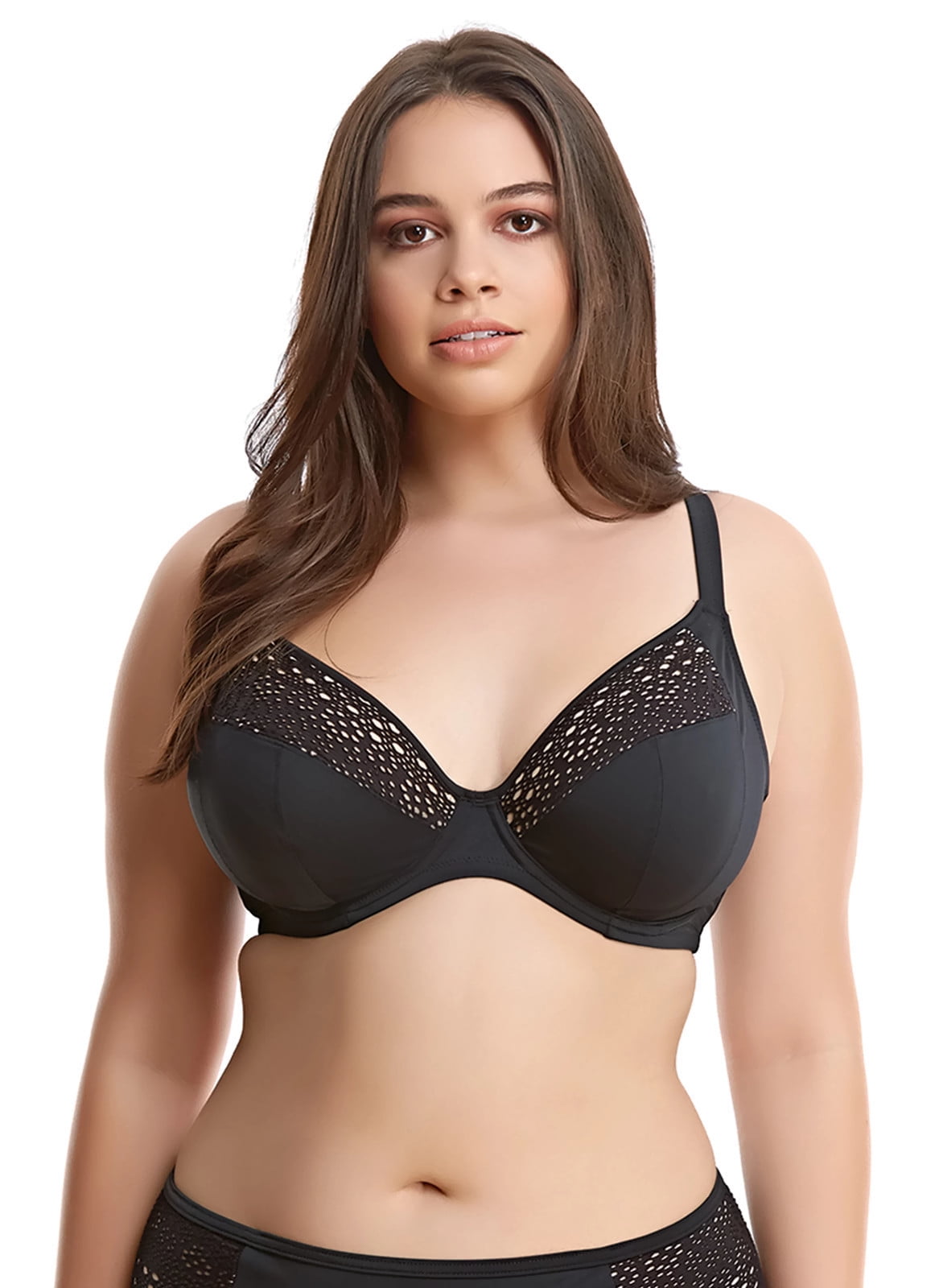 Elomi Womens Indie Crochet Underwire Plunge Bikini Top, 34GG, Black