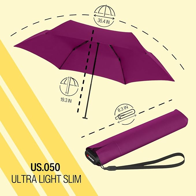 Knirps US.050 Ultra Light Pocket Size Manual Rain Umbrella in Berry – 4oz Portable Travel Umbrellas with 35" Quick Dry Canopy, Windproof up to 62mph, Matching Quick Dry Protective Cover Included
