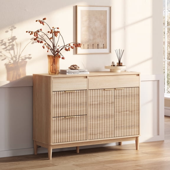 LINSY HOME 44" Buffet Cabinet, Fluted Sideboard Storage Cabinet with Drawers and Adjustable Shelf, 44.6" Credenza with Wave Panel Doors for Dining Room, Kitchen-Oak
