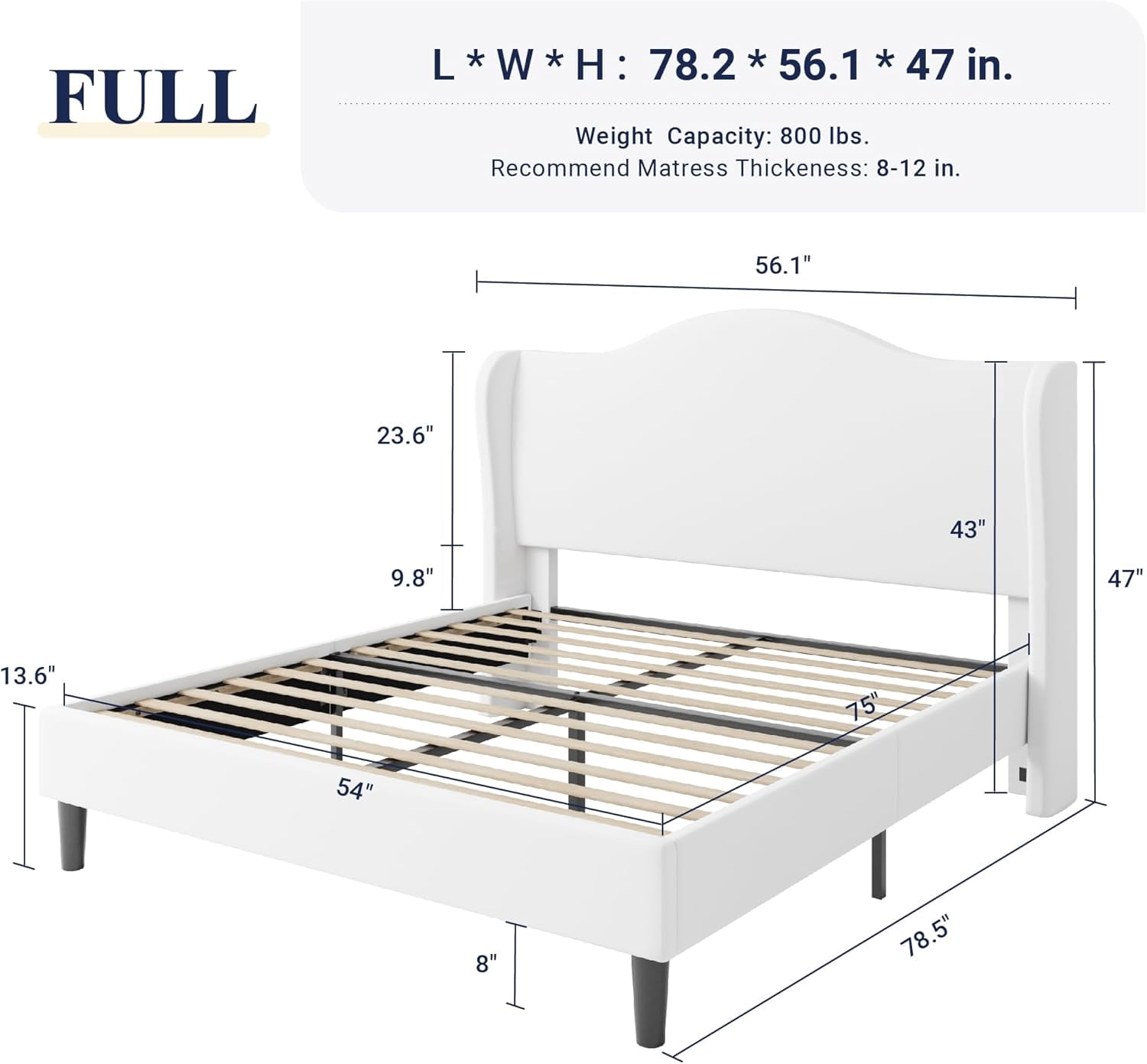 Allewie Full Size Bed Frame, Upholstered Wingback Platform with 47" Tall Tufted Headboard, Plush Velvet Fabric, Modern Minimalist Design, No Box Spring Required, Tool-Free Assembly, White