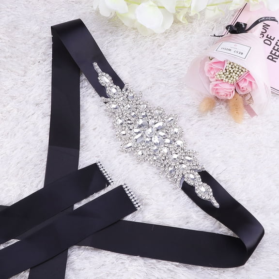 WHAMVOX Black Rhinestone Bride Belt for Wedding Dress Elegant Waist Decoration Accessory for Formal Occasions