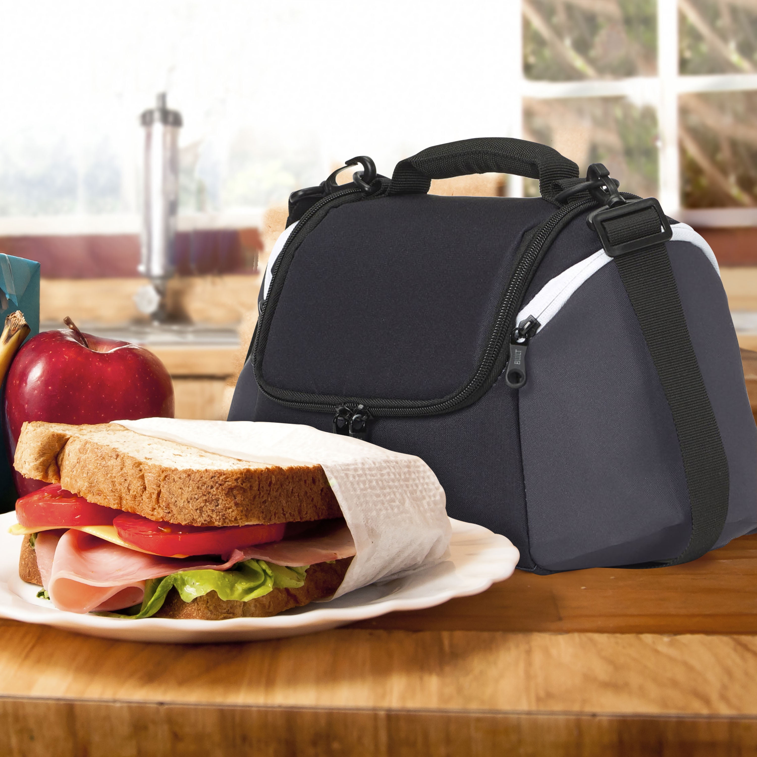 BUILT All Day Water-Resistant Insulated Fabric Lunch Bag with Zip Closure  and Removable Shoulder Strap Black 5227344