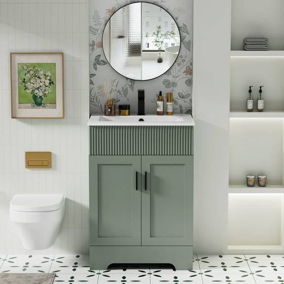 24" Mid Century Modern Single Bathroom Vanity with Ceramic Sink Top, Zinc Alloy Faucet, Painted Surface