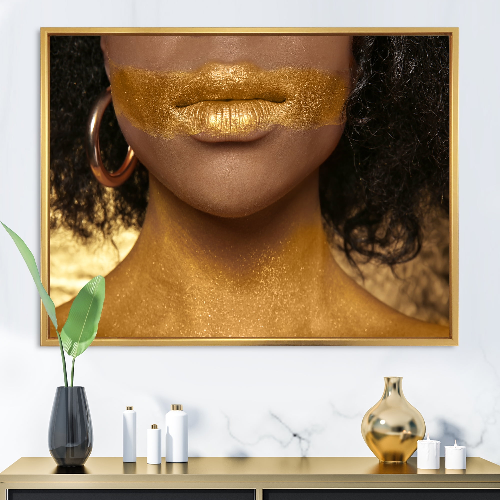 Designart 'Afro American Girl With Golden Paint on Body' Modern Framed Canvas Wall Art Print