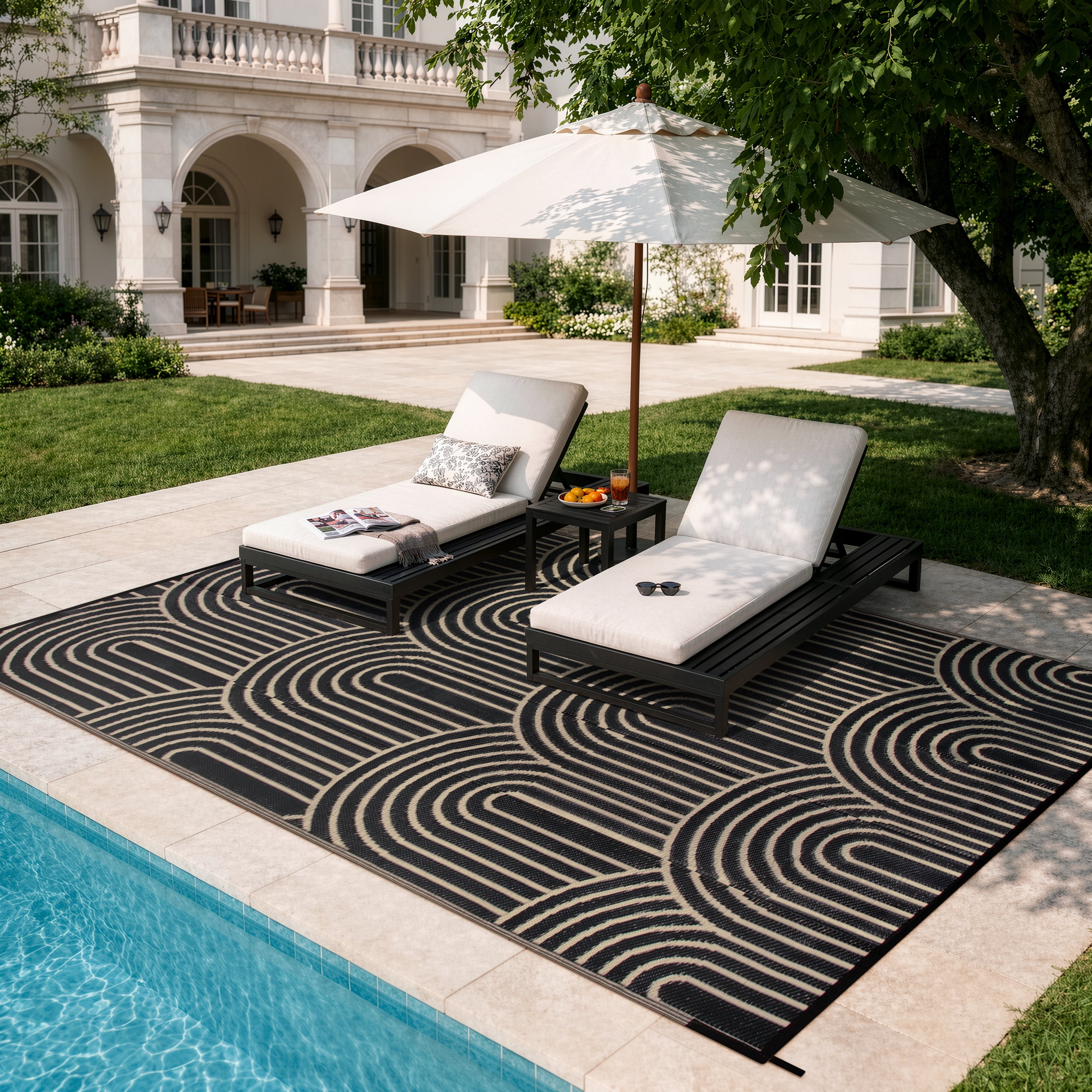 Wonnitar Large Outdoor Rugs Waterproof 8'x10' Reversible Plastic Straw Rug, Modern Rainbow Outside Carpet for RV Patio Deck Porch Balcony Picnic Camping Beach, Black&Brown-Rainbow