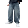 thumbnail image 3 of Efsteb Boys' Jeans Fleece-lined Straight Wide Leg Vintage Denim Pants with Pocket Elastic Waist Baggy Y2K Streetwear Trousers (Z_Blue,14-15 Years), 3 of 10