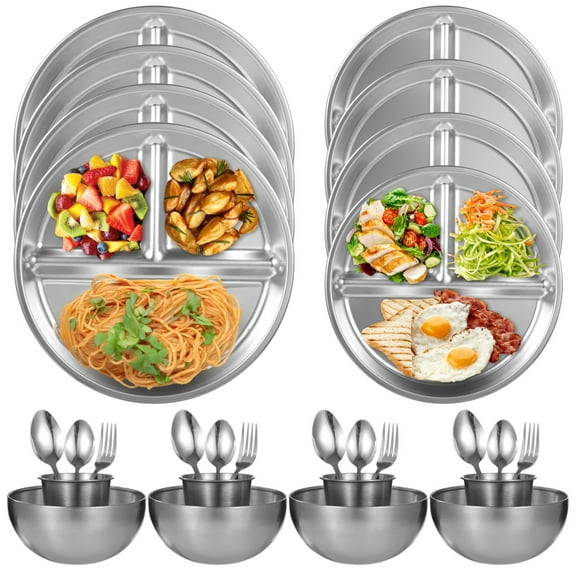 28 PCS Outdoor Camping Mess Kit, Stainless Steel Camping Dinnerware Set, Mess Kit with Plates, Bowls, Cups, Forks, Spoons, Polished Tableware for Hiking, Backpacking, Picnic