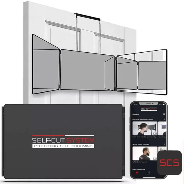 Versión de viaje con sistema de corte automático: espejo de tres vías para autocorte de cabello con ganchos telescópicos de altura ajustable y aplicación móvil educativa gratuita