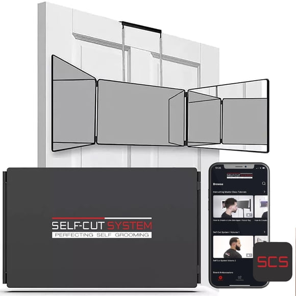 Versión de viaje con sistema de corte automático: espejo de tres vías para autocorte de cabello con ganchos telescópicos de altura ajustable y aplicación móvil educativa gratuita
