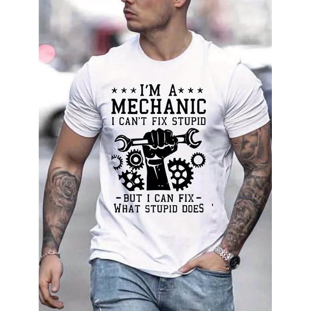Men's Humor Graphic T-Shirt - "I Can Fix What Stupid Does" Slogan with Gears & Wrenches Design, Light Grey Casual Short Sleeve Tee, Regular Fit Summer Top for Adults, Everyday Clothing