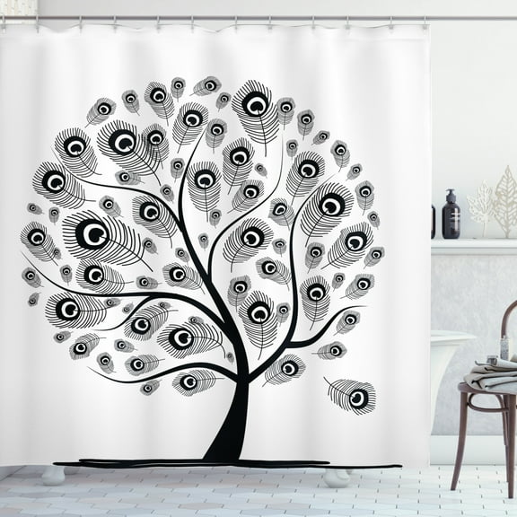Feather Shower Curtain, Monochrome Tree with Ethnic Peacock Motifs with Eastern Culture Influences, Fabric Bathroom Set with Hooks, 69W X 70L Inches, Black and White, by Ambesonne