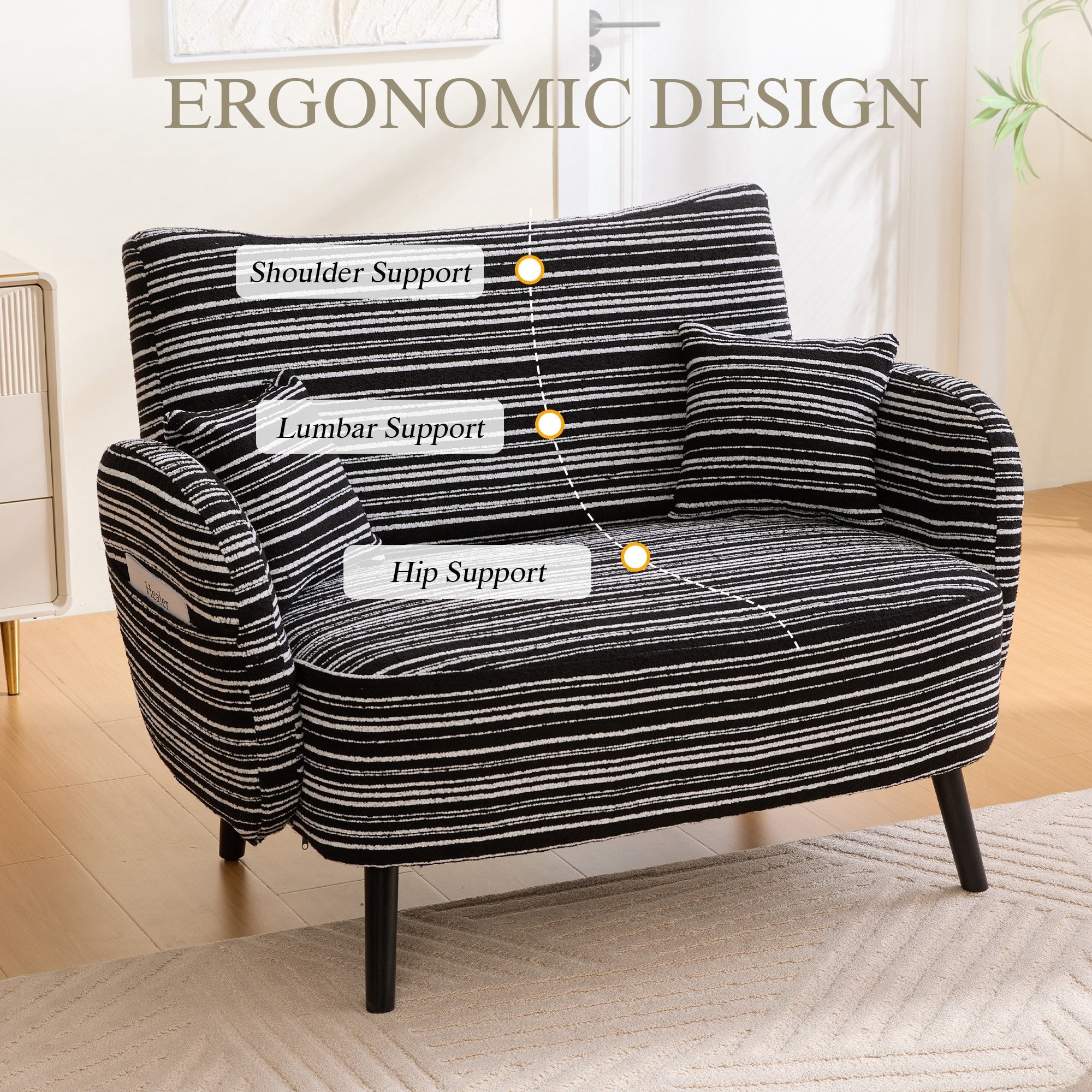 Sailvan Modern 2-Seater Loveseat Sofa with Side Storage Pockets & Armrest Pillows,Deep Seated Small Space Couch Black