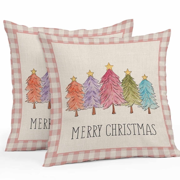Outdoor Throw Pillows Covers 18X18 Set of 2 Waterproof Merry Christmas Decorative Zippered Cushion Covers for Patio Furniture, Farmhouse Christmas Tree Lumbar Pillowcases Pink Plaid Purple Blue Green